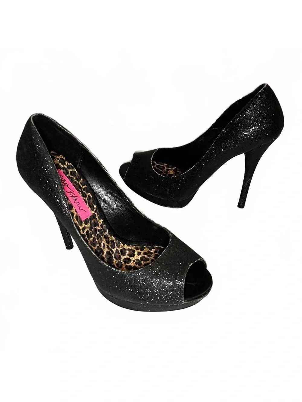 Betsey Johnson Black Glitter Peep Toe High Heels Size 8